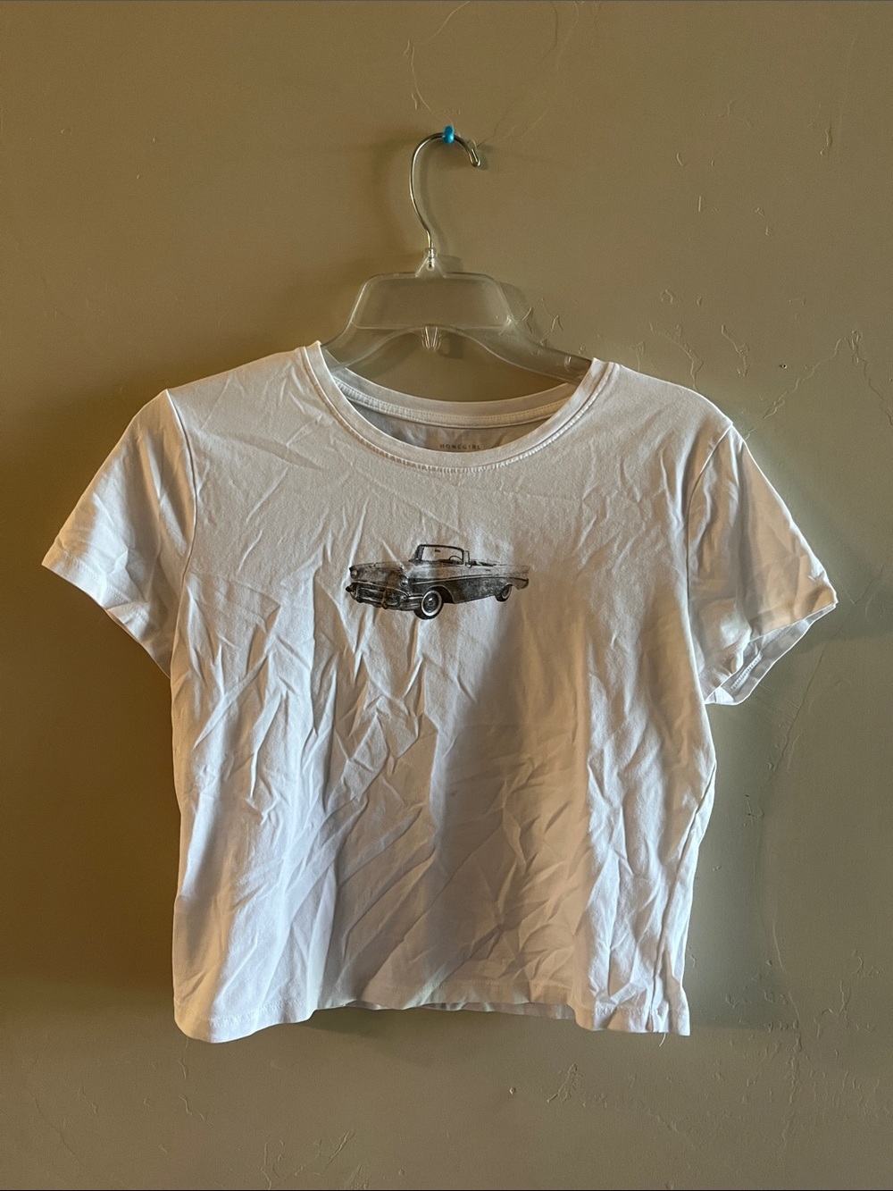 White Crop Tee with Vintage Car Graphic - Women's Casual Top